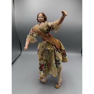 Vintage Spanish Flamenco Cloth Doll 9” Handcrafted Costume Folk Art Figurine